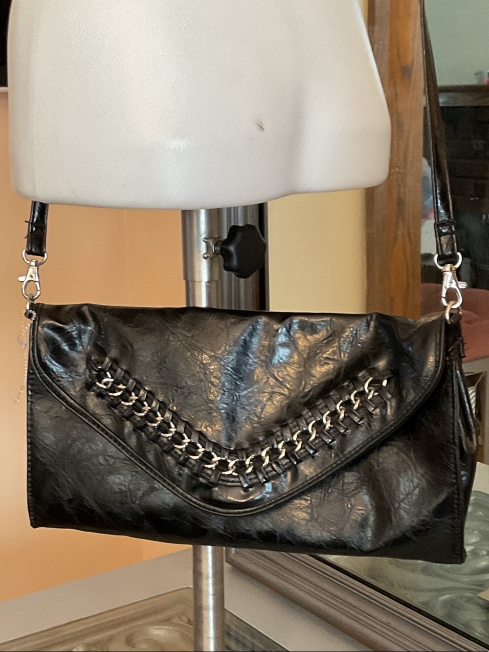 Nicole by Nicole Miller Black Foldover Crossbody with Chain Detail